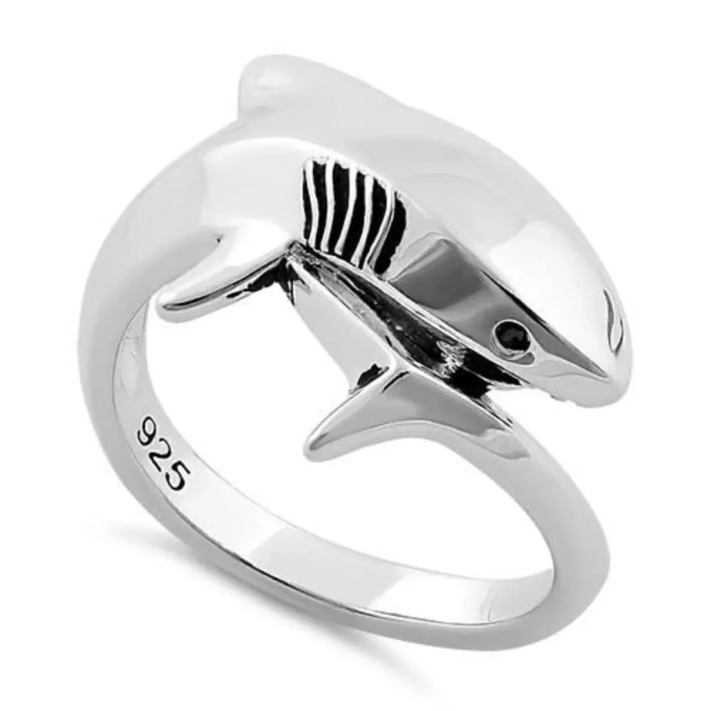 Sterling Silver Shark Black CZ Ring New